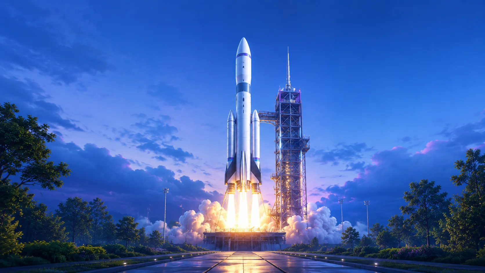 A rocket lifting off through a large cloud of smoke